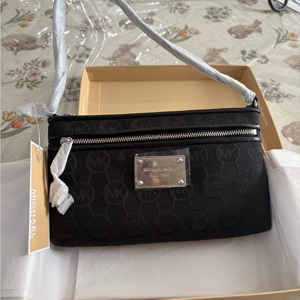 Michael Kors Black Logo Jacquard Crossbody Bag with Silver Hardware